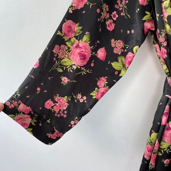 Victoria's Secret Y2K Satin Robe Black Floral Kimono Waist Tie Pink VTG One Size - Picture 4 of 13